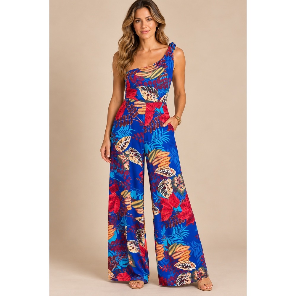 Pia Colors Womens Jumpsuit S Blue Tropical One Shoulder Wide Leg Pocket